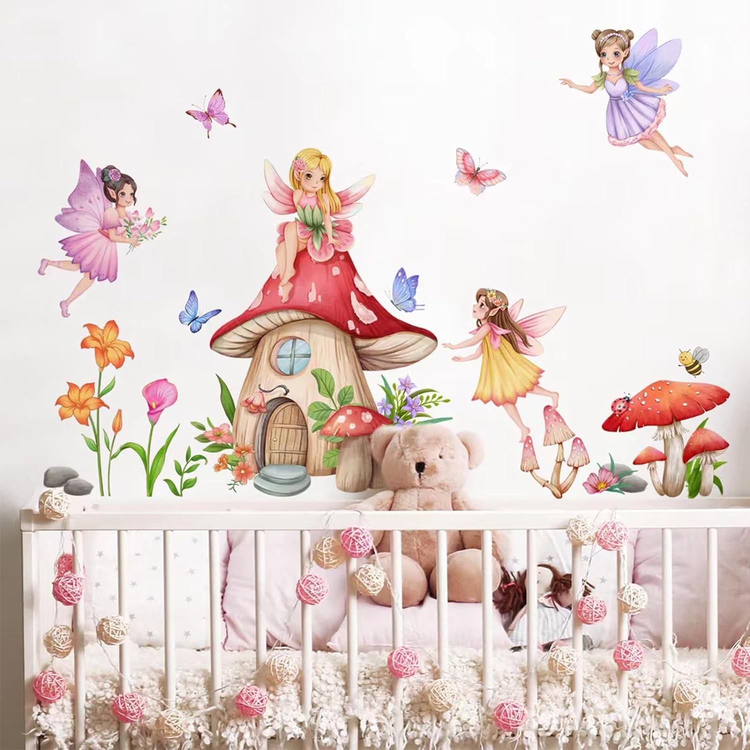 Fairy Girls Mushroom Wall Decals Flowers Butterfly Wall Stickers Girls Bedroom Living Room Kitchen Wall Door Decor