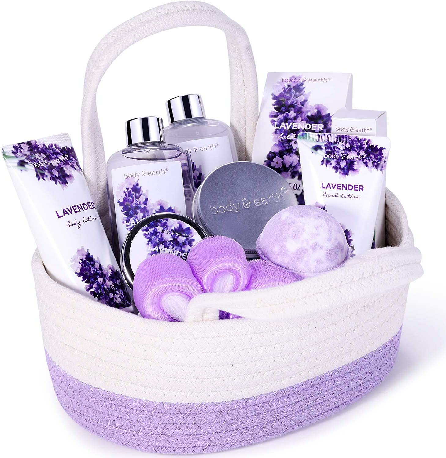 Body & Earth Bath Spa Gift Set, Gift Basket 6-Piece Lavender Scented Spa Basket Kits for Women, Contains Shower Gel, Bubble Bath, Body Lotion, Bath Salt, Body Scrub, Back Scrubber, Best Her