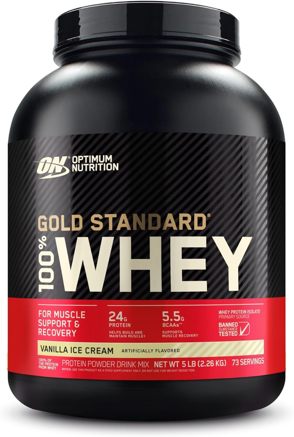 Optimum Nutrition Gold Standard 100% Whey Protein Powder, Vanilla Ice Cream, 2.27 Kilograms