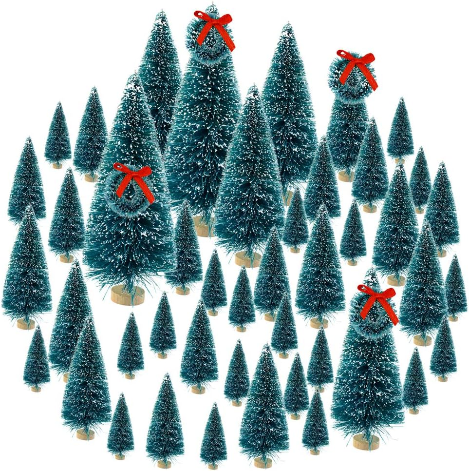 Topbuti 48 Pcs Bottle Brush Trees Mini Christmas Trees Artificial Xmas Trees Sisal Snow Frost Trees Diorama Tree with Wood Base for Christmas Craft Decoration Home DIY Décor