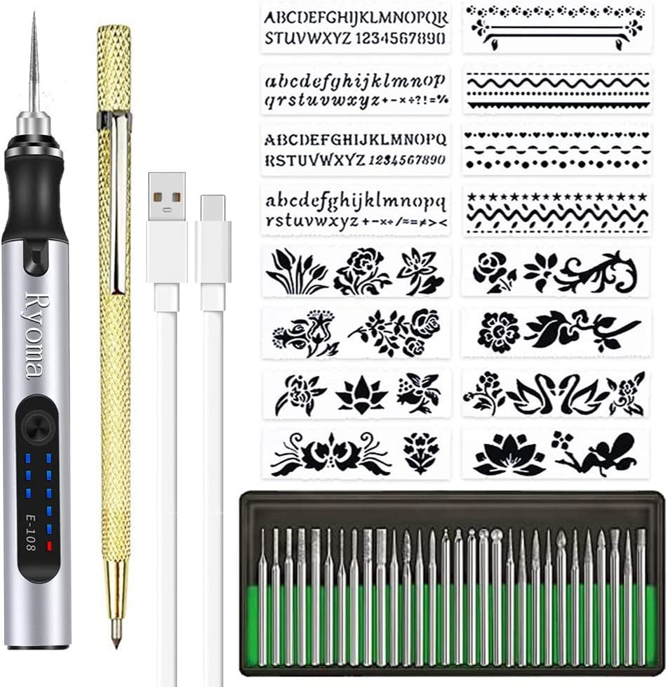 Rechargeable Cordless Electric Micro Engraver Pen Mini DIY Engraving Tool Kit for Metal Glass Ceramic Plastic Wood Jewelry with 30 Bits and 16 Stencils and 1 Scriber Pen (Silver)