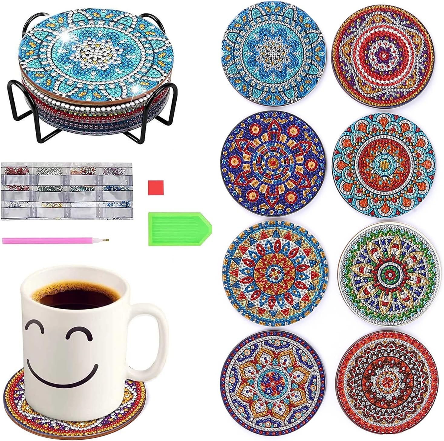 8 Pcs Diamond Painting Coasters, Betterjonny DIY Mandala Coasters Diamond Painting Wooden Diamond Painting Coasters Kit for Drinks Coffee Beginners Adults Kids Craft Table Decor