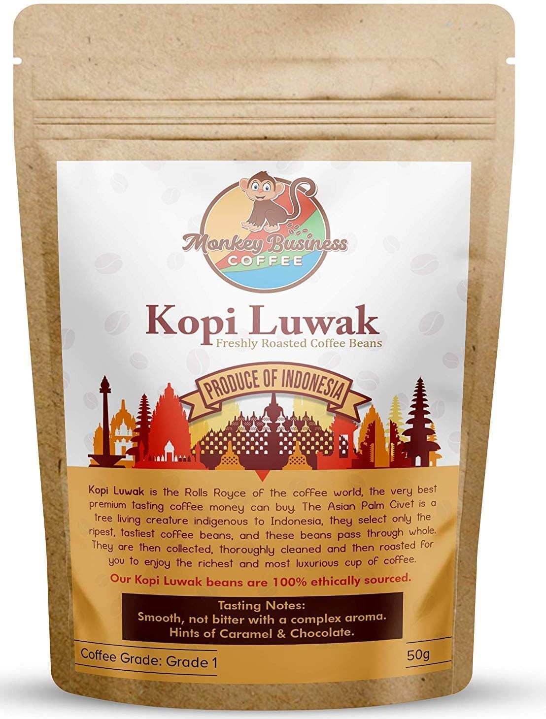 Monkey Business Coffee – Wild Kopi Luwak Coffee Ground Beans – Ethically Sourced – 50 Grams (Other Weights & Bean Types Available) – Produce of Indonesia