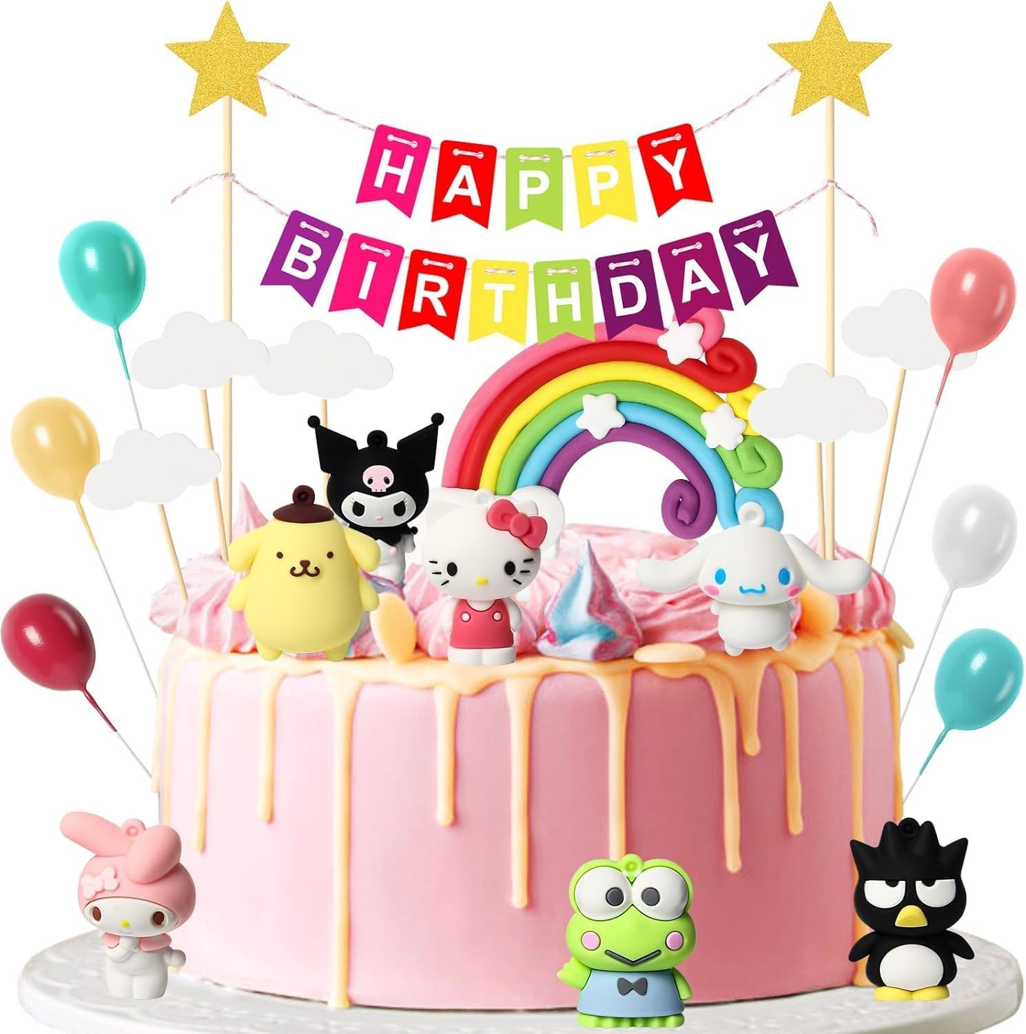 FLAFARY Rainbow Kitty Cake Topper Banner Hello Kuromi Birthday Party Cake Decorations Supplies Set, Mini Colorful Clouds Stars Party Decors (KLM-20PCS)