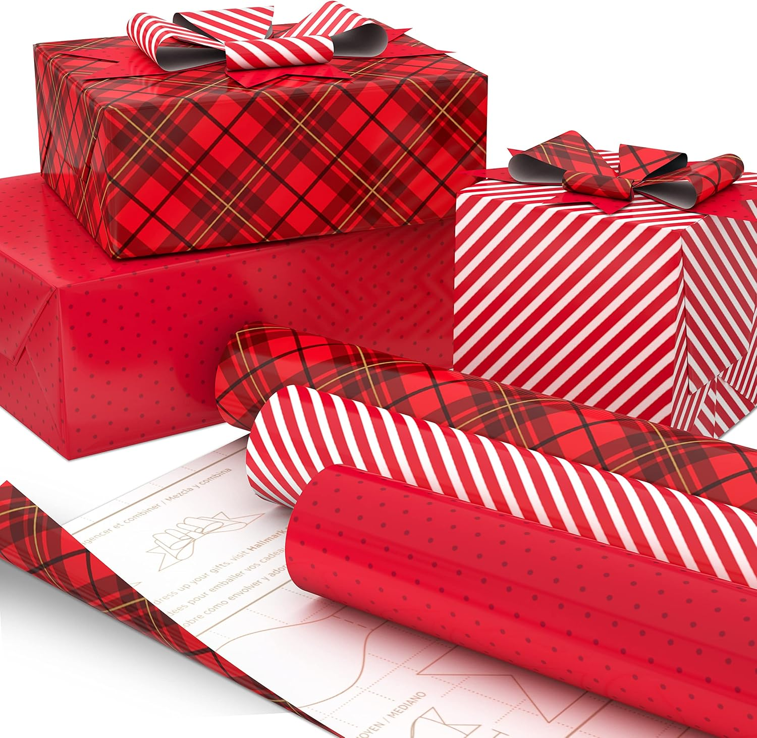 Hallmark Holiday Wrapping Paper with DIY Bow Templates on Reverse (3 Rolls: 120 Sq. Ft. TTL) Red Plaid, Stripes, Polka Dots for Christmas, Valentines Day, Birthdays, Graduations