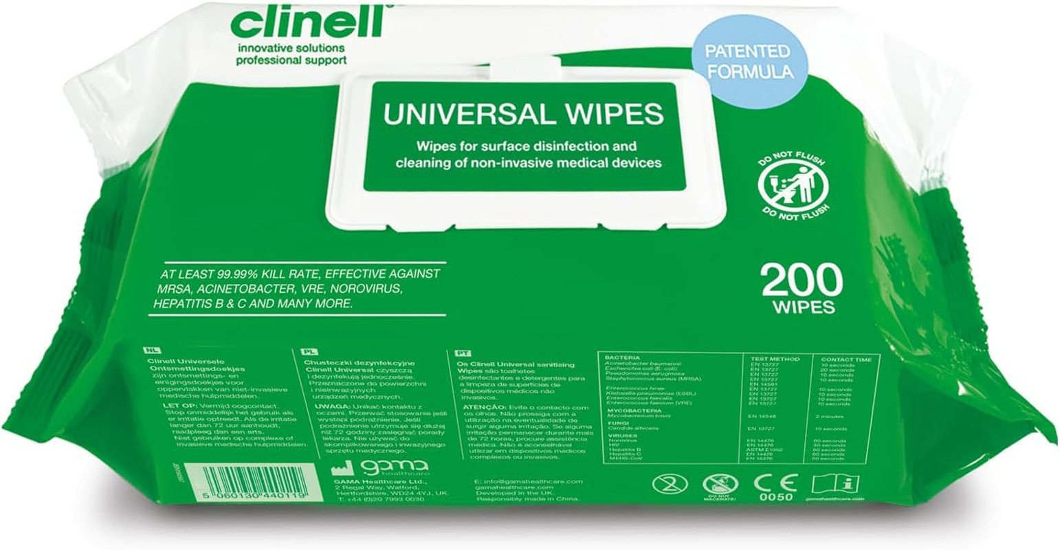 Clinell Universal Cleaning and Surface Disinfection Wipes Multipurpose Disinfectant for All Surfaces, 200 Count, Pack of 6