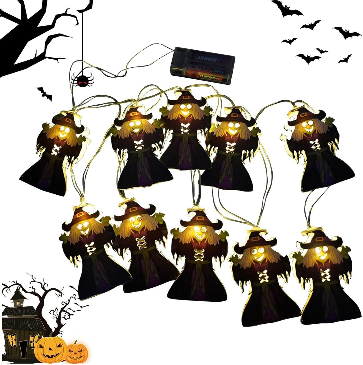 Halloween LED Light Decoration | 2M/78.7Inch LED Halloween Lights with Bats Pumpkins Witches | Battery Powered Halloween Lighted Decorations for Indoor Outdoor Lear-Au