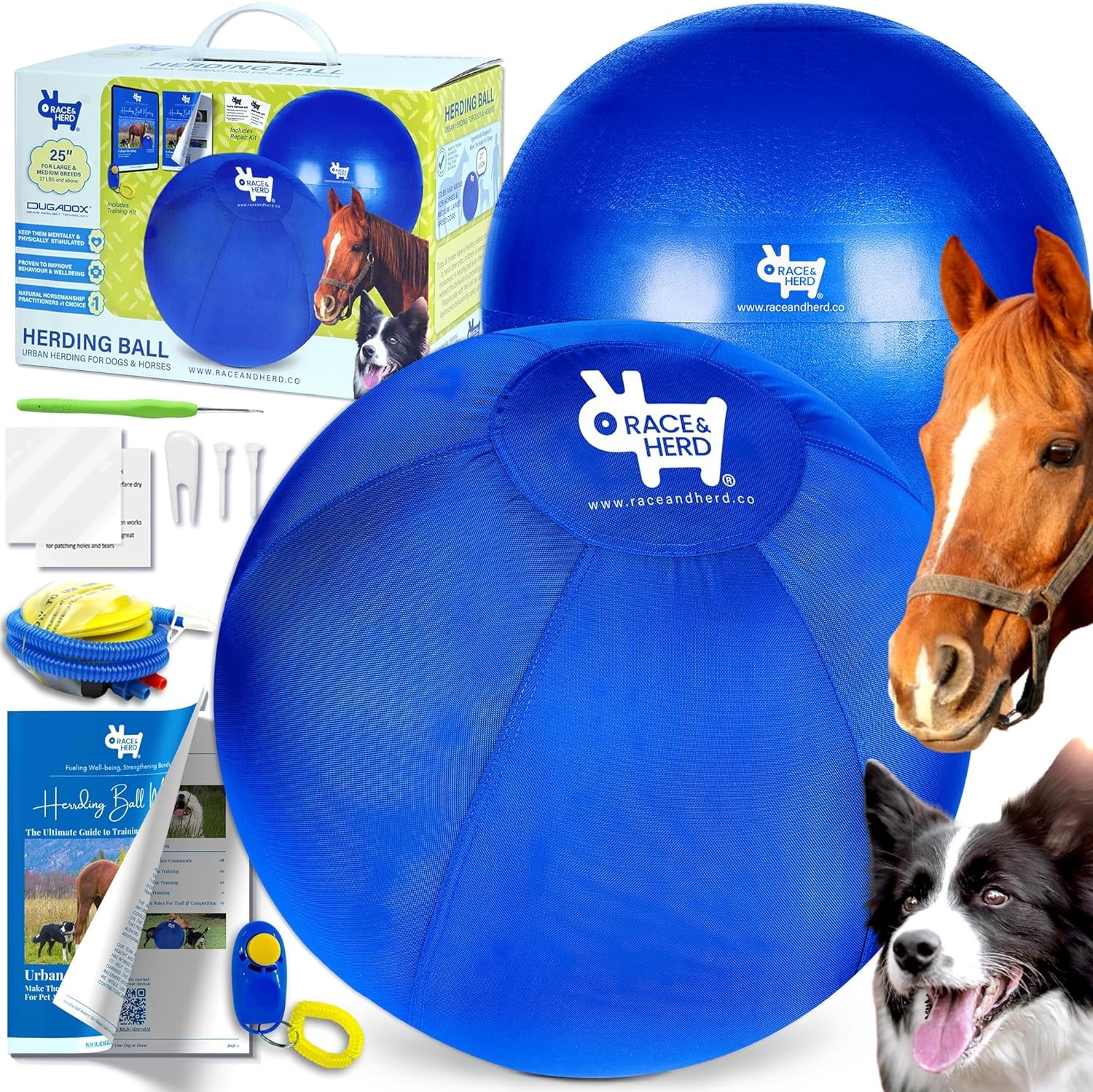 Race&Herd Herding Ball for Dogs Blue Heelers, Horse Ball & Ball Cover – 25″ Ball for Horses Large with Hand Pump | Horse Balls for Play Hurding Ball | Hearding Ball Horse Toys for Horses Stall