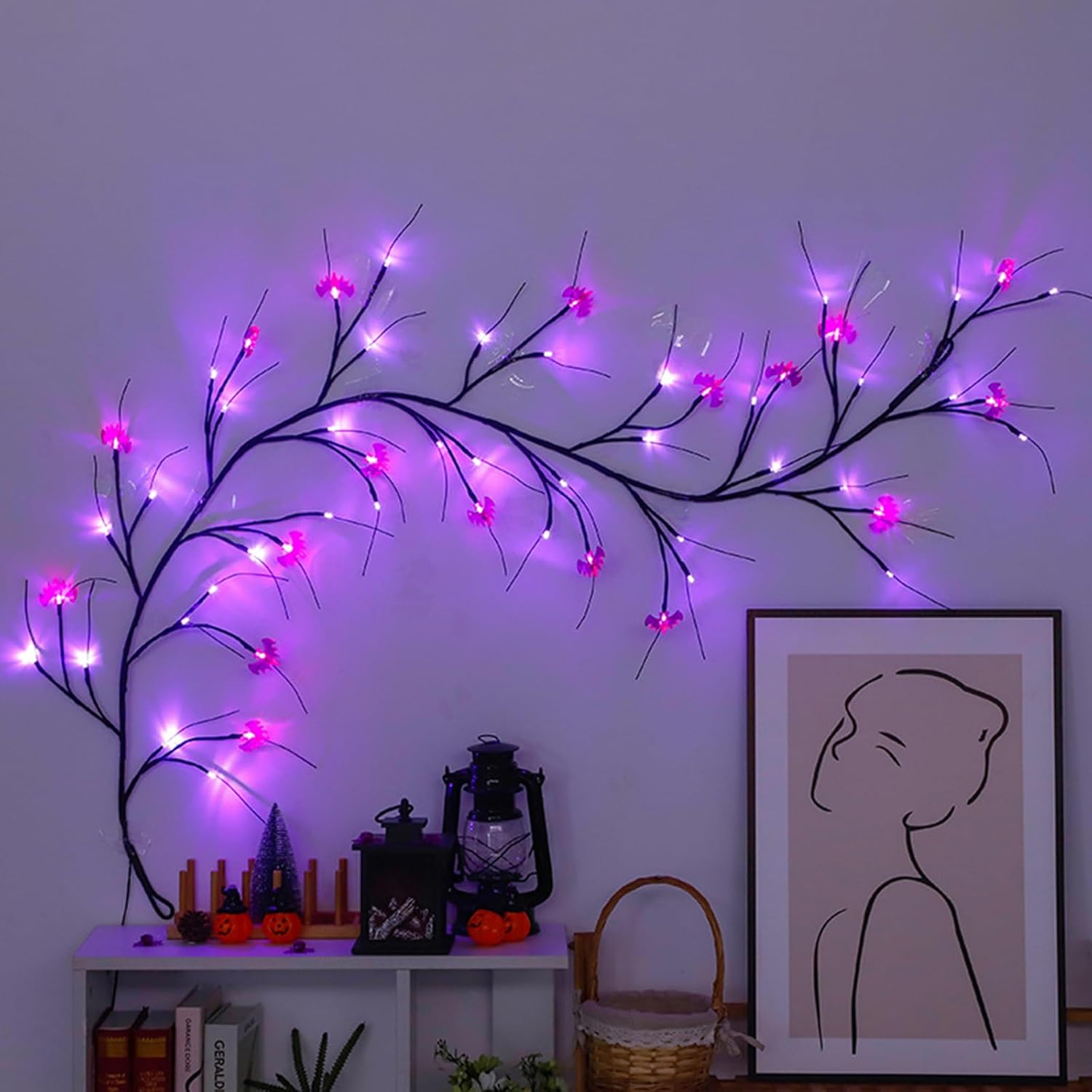 54 LED Halloween Willow Vine Branch Decorations, 1.8 M Halloween Fairy Lights with 18 Pumpkins, Timer, 8 Modes, Waterproof Battery Operated Pumpkin Lantern for Halloween, Christmas Party (Bat)