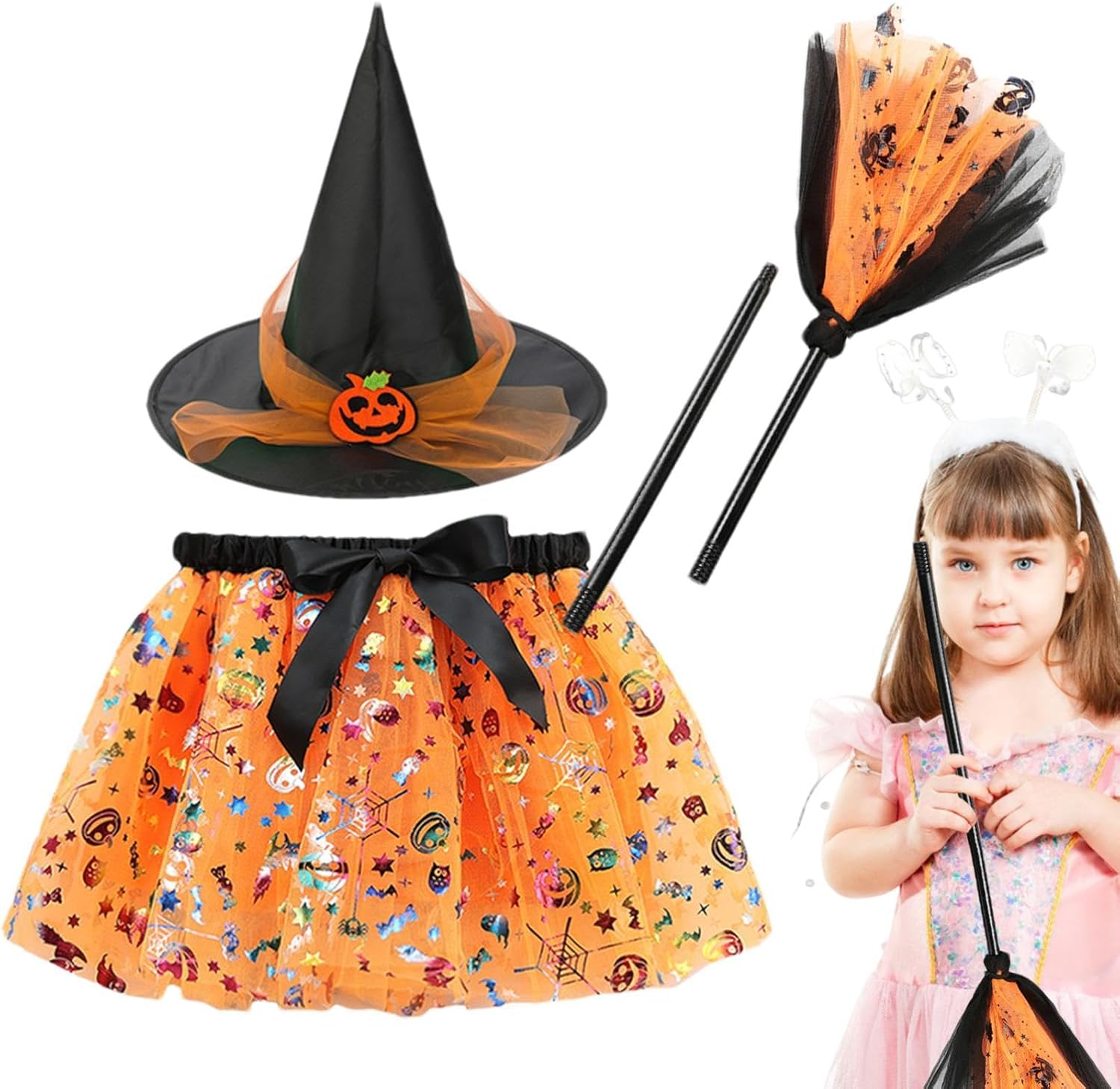 Witch Outfit Kids,Halloween Witch Girl Skirt | Dress up Witch Costume, Witch Girl Skirt with Witch Hat and Broom for 2-8 Years Old Halloween Cosplay Party Decoration