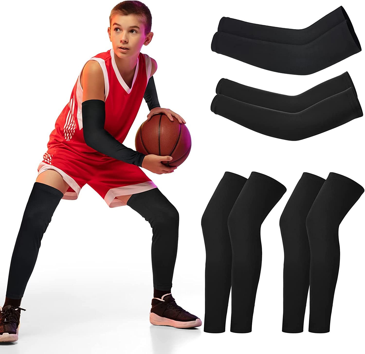 Geyoga 4 Pairs Kids Leg Sleeves Compression and Arm Sleeves Youth Leg Sleeves Arm Wraps for Cycling Basketball Sports