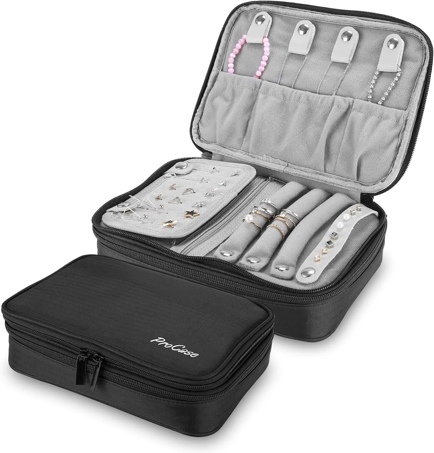 Procase Travel Jewelry Case Organizer Bag, Soft Padded Double Layer Jewelry Carrying Pouch Portable Jewelry Storage Box Holder for Earrings, Rings, Necklaces, Bracelets, and Watches –Black