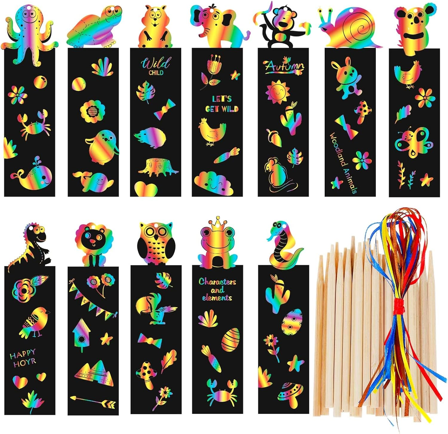 Scratch Art for Kids Cards, 48 Pcs Scratch Art Bookmarks with 48 Pcs Colourful Ribbons, Scratch Art Paper Suitable for Children, DIY Party, Game Activity, Birthday Christmas, Toy Gift Set