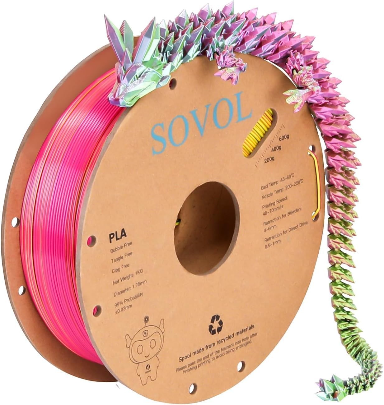 Sovol Silk PLA Filament 1.75Mm, Tri Color Rose Blue Yellow Co-Extrusion Material Dimensional Accuracy +/-0.03Mm, 1Kg/2.2Lbs