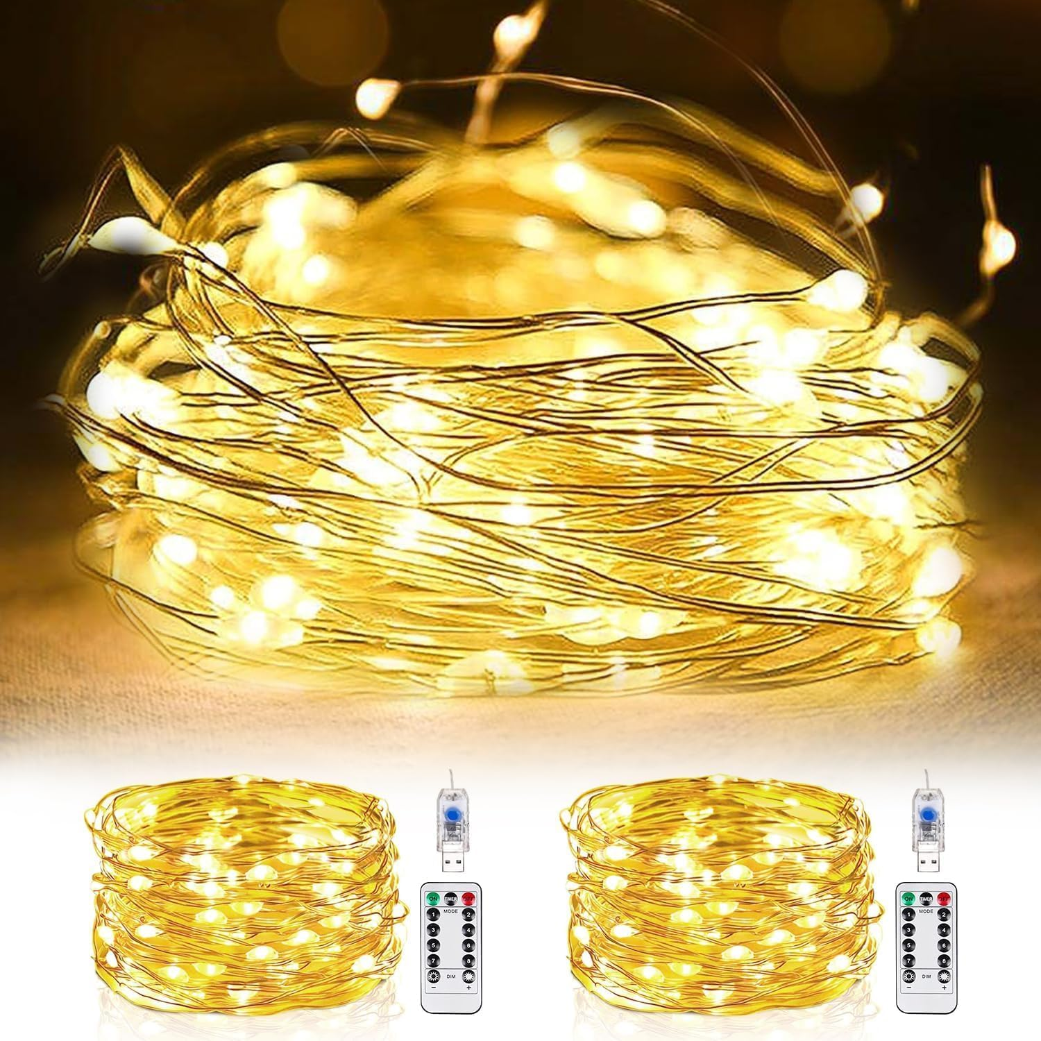 Fairy Lights for Bedroom, TCUSFO 2 Pack Total 66Ft 200 LED Indoor String Lights USB Plug In, Twinkle String Lights with Remote and Timer Starry Lights DIY Wedding Christmas Decoration Warm White