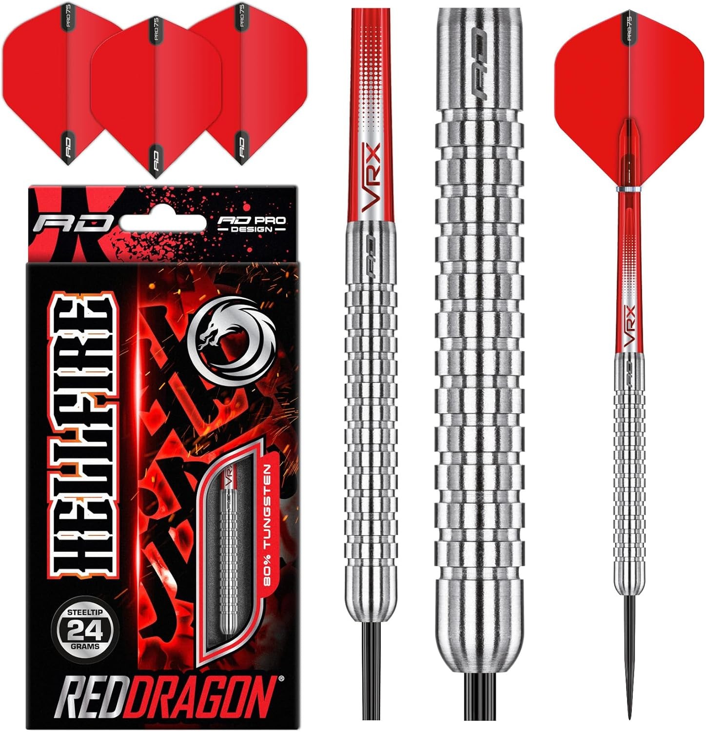 RED Dragon Hell Fire 22G, 24G or 26G Tungsten Darts Set with Flights and Stems