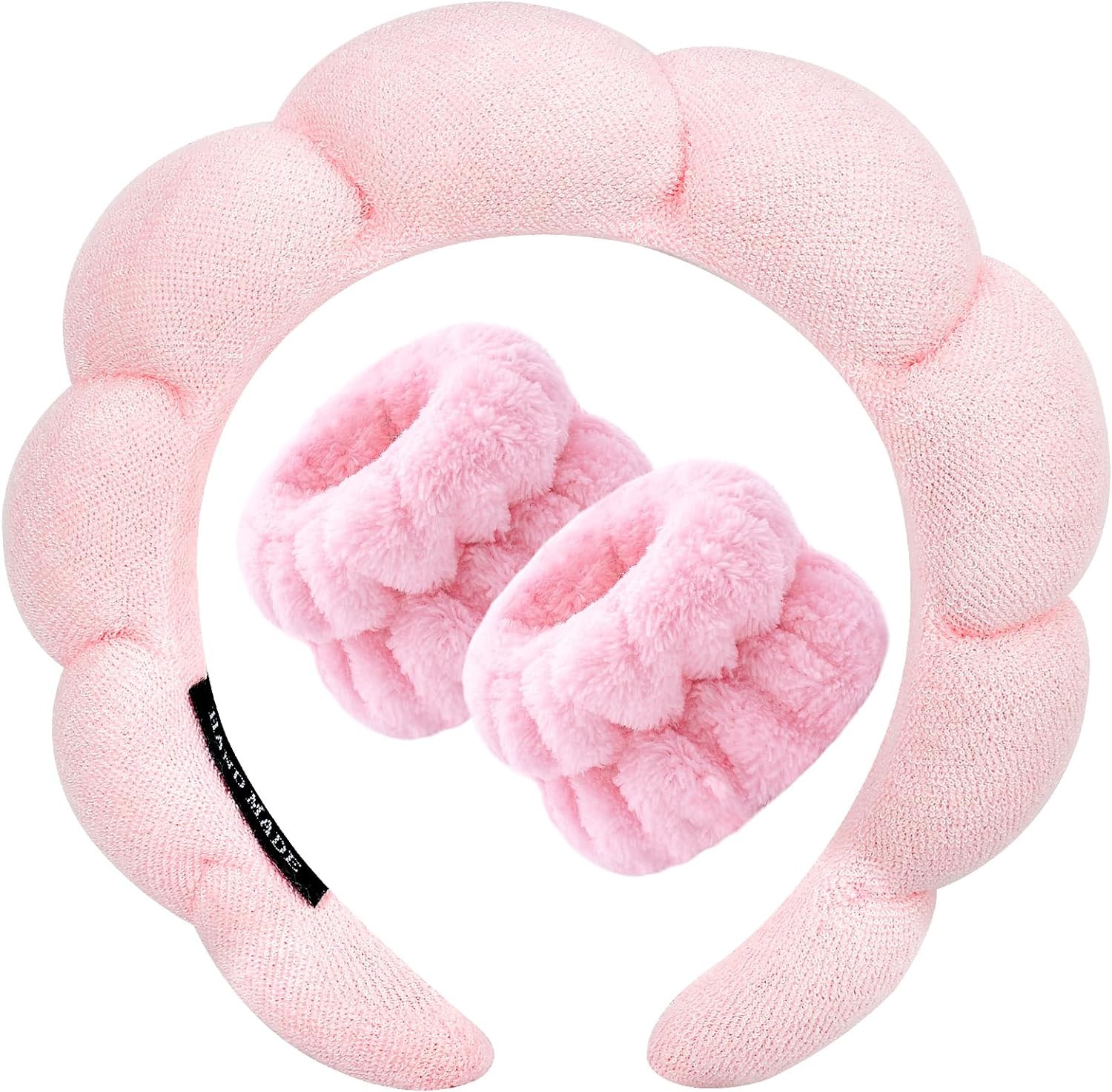 Zkptops Spa Headband for Washing Face Wristband Set Sponge Makeup Skincare Headband Terry Cloth Bubble Soft Get Ready Hairband for Women Girl Puffy Padded Headwear Non Slip Thick Hair Accessory(Pink)