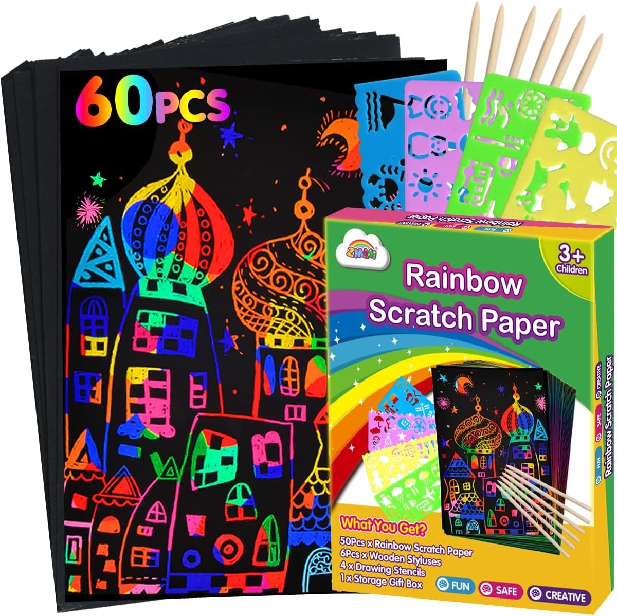 ZMLM Scratch Paper Art Set: 60Pcs Magic Drawing Art Craft Kid Black Scratch off Paper Supply Kit Toddler Preschool Learning Bulk Toy for Age 3 4 5 6 7 8 9 10 Girl Boy Christmas Birthday Party Gift