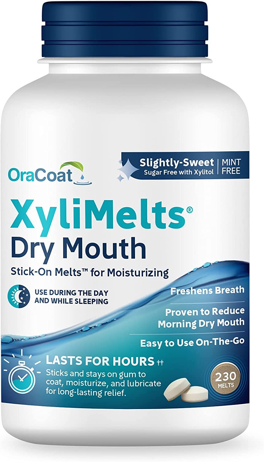 Oracoat Xylimelts Dry Mouth Relief Oral Adhering Discs Slightly Sweet with Xylitol, for Dry Mouth, Stimulates Saliva, Non-Acidic, Day and Night Use, Time Release for up to 8 Hours, 230 Count