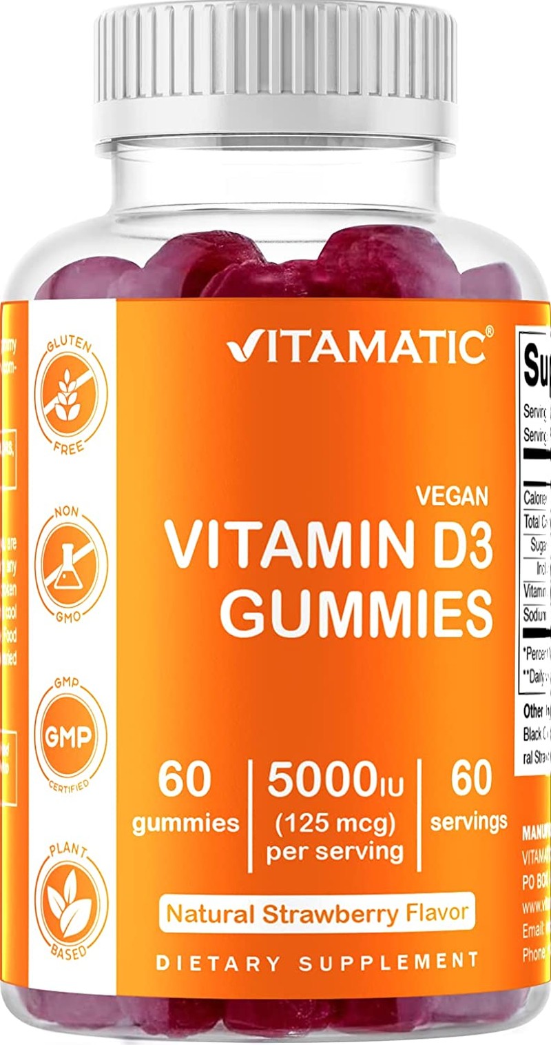 Vitamatic Vitamin D3 Gummies – 5000 IU – 60 Vegan Gummies – Great Taste – Healthy Bones, Teeth, Mood, Joint & Immune System Function