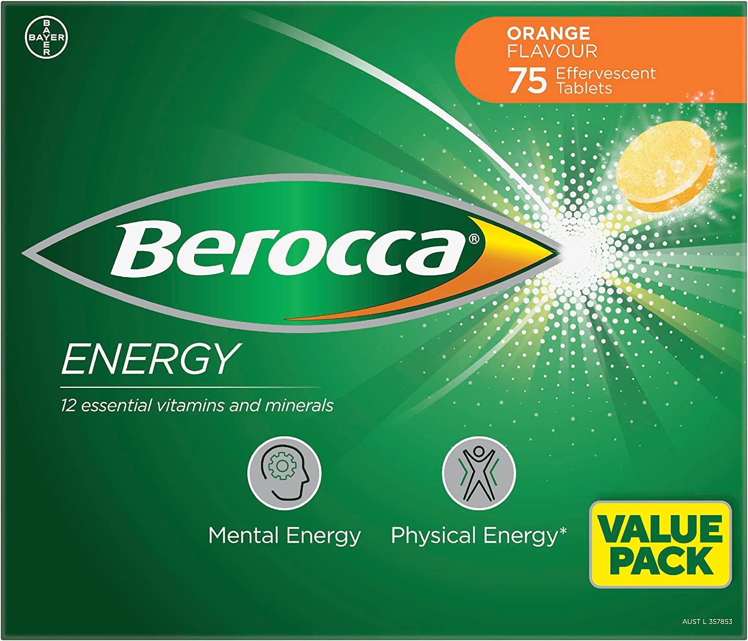 Berocca Energy Multivitamin with B Vitamins: B3, B6, B12, Vitamin C, Zinc, Calcium and Magnesium, to Support Physical Energy and Mental Sharpness, Orange Flavour, 75 Effervescent Tablets