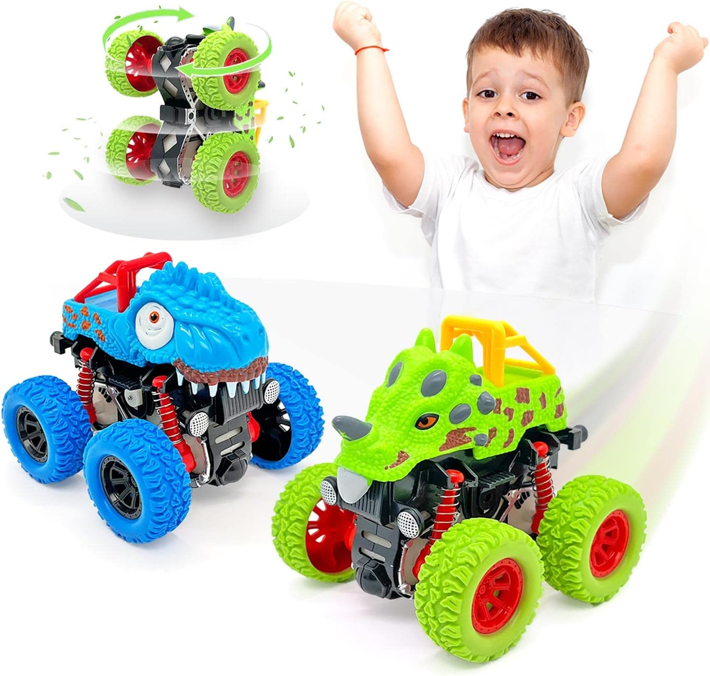 Car Toys for 2 Year Old Boys, 2-Pack Dinosaur Monster Truck Toy Cars for 2 3 Year Old Boys Gifts, Pull Back Friction Inertia Vehicles Birthday Gifts for Kids Toddler Boys Toys Age 2 3 4 5