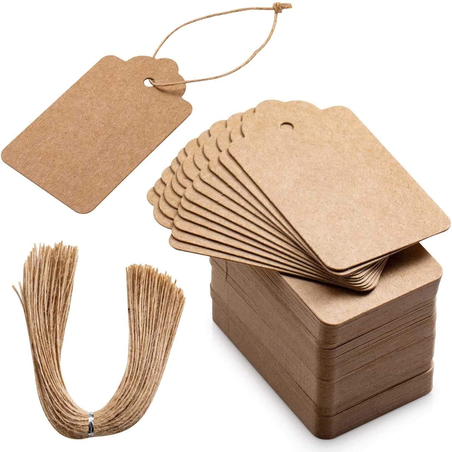 Primbeeks 100Pcs Premium Gift Tags, Double-Sided Available Kraft Paper Price Tags with 100 Root Natural Jute Twine, Craft Tags Labels Treats Tags for Wedding Christmas Day Thanksgiving