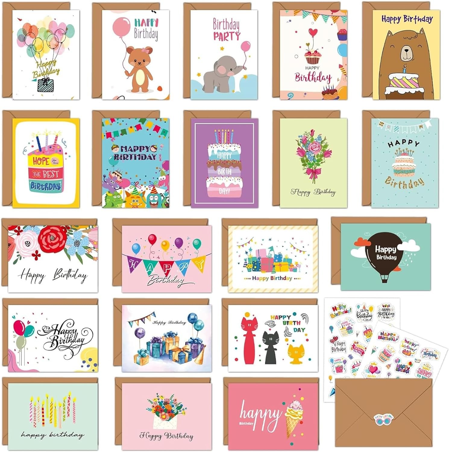 20PCS Happy Birthday Cards Assortment, 7.5 * 10CM Blank Cards with Envelopes and Stickers, Unique Happy Birthday Greeting Cards for Family, Kids, Friends and Office