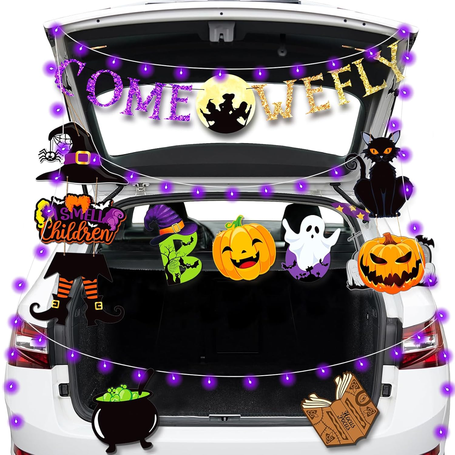 Halloween Car Decoration – Halloween Banner with LED String Lights – Witch Theme Decorations for Party Supplies, Home Mantel Decor