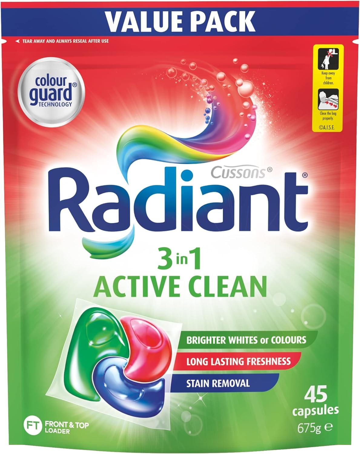 Radiant Active Clean 3 in 1 Laundry Detergent, 675 G (45 Capsules)