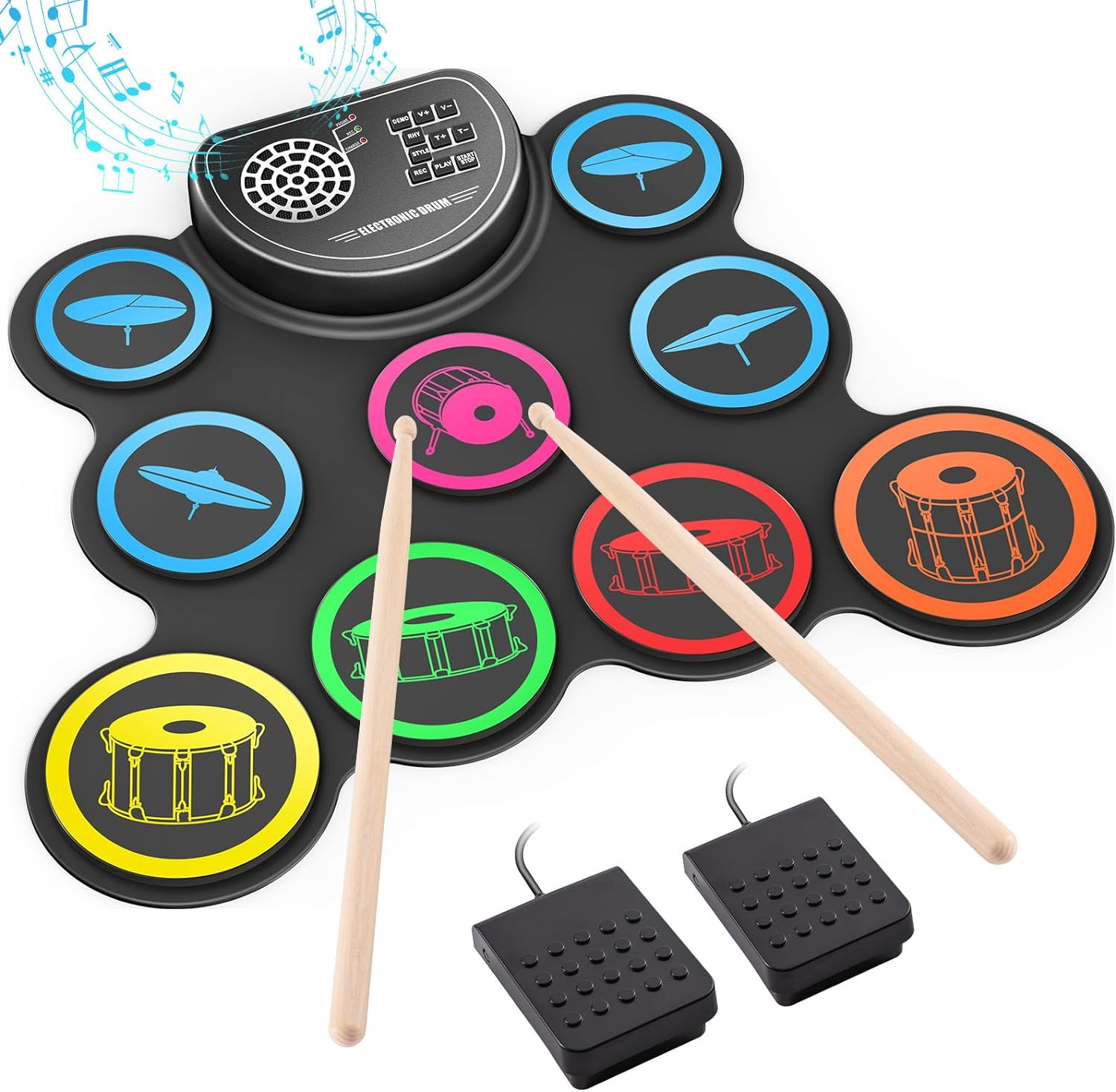 Sboet Electronic Drum Set, 9-Drum Practice Pad with Headphone Jack, Roll-Up Drum Kit Machine with Built-In Speaker Drum Pedals and Sticks 10 Hours Playtime, Great Christmas Holiday Gift for Kids