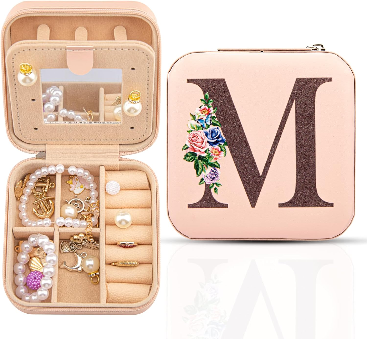 Travel Jewelry Box with Mirror, Travel Essentials Jewelry Holder Organizer, Ring Necklace Earring Organizer, Personalized Initial Travel Jewelry Case, Gifts for Women and Girls,M