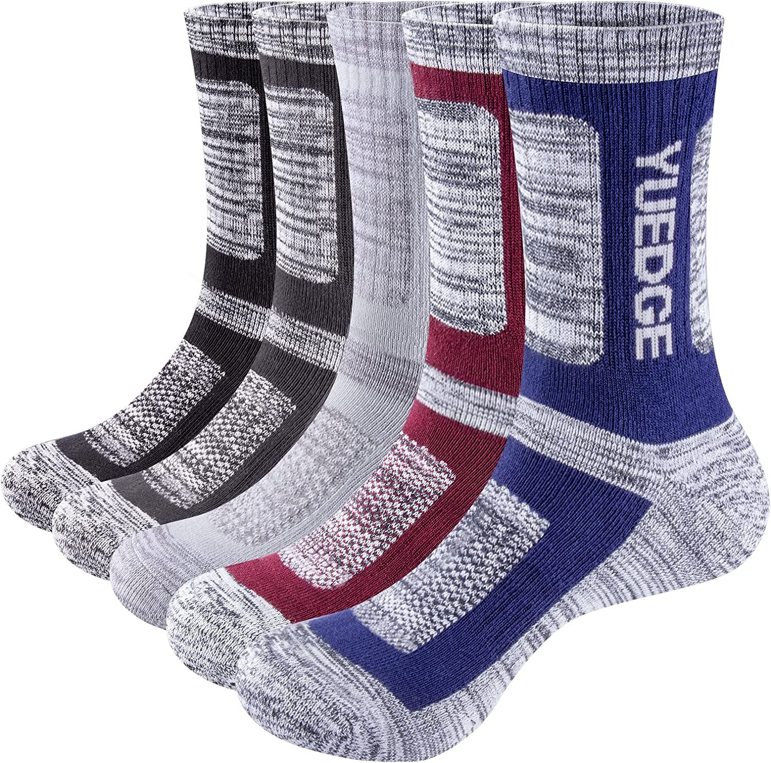 YUEDGE Mens Walking Hiking Socks Cotton Moisture Wicking Cushioned Training Athletic Sports Crew Socks for Men Size 6-13,5 Pairs