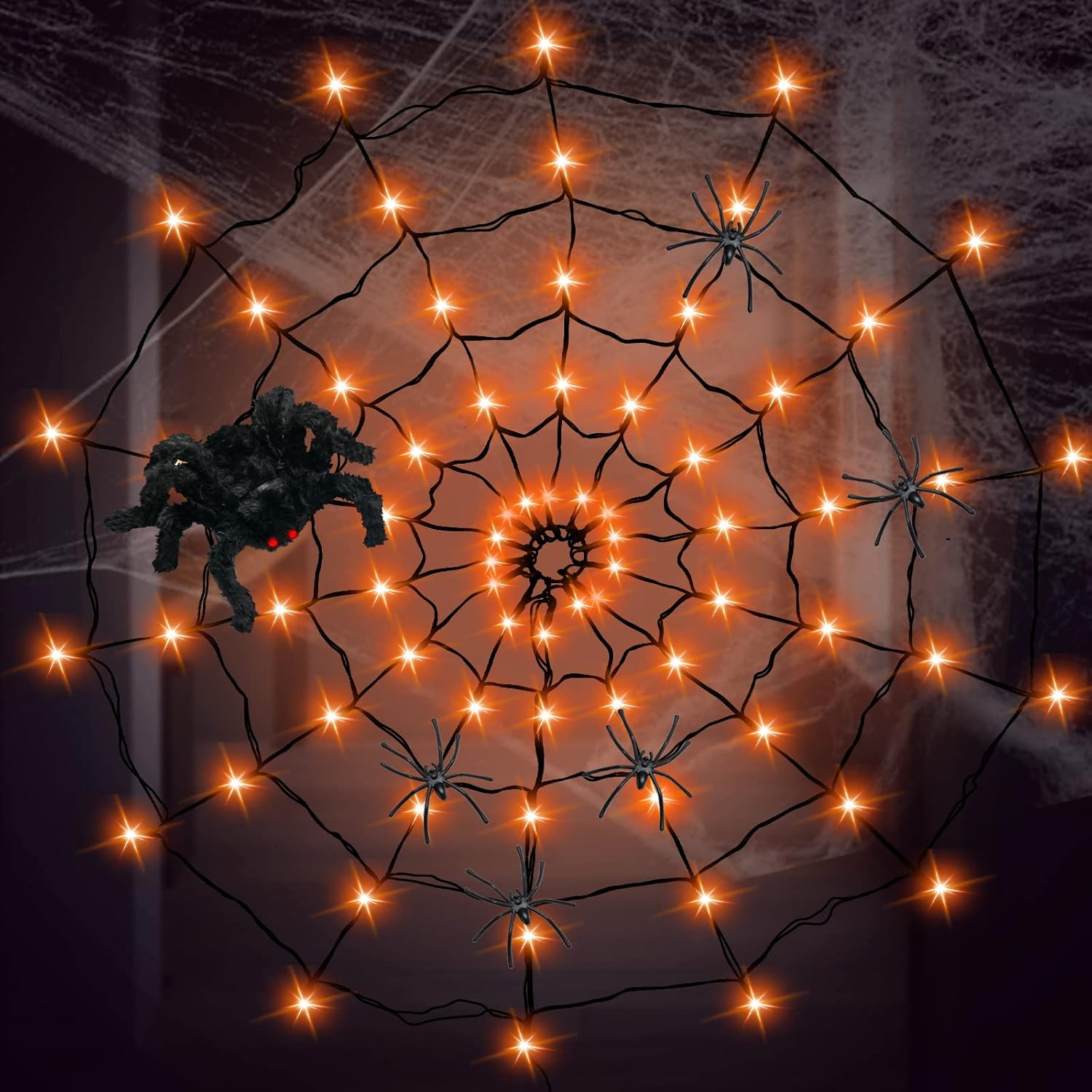 GVANCA Halloween Decor Spider Web Lights, Spider Led Lights Battery Operated, Indoor Outdoor Waterproof Halloween Decorations for Party, 3.28 Ft, 70 Lights, Purple