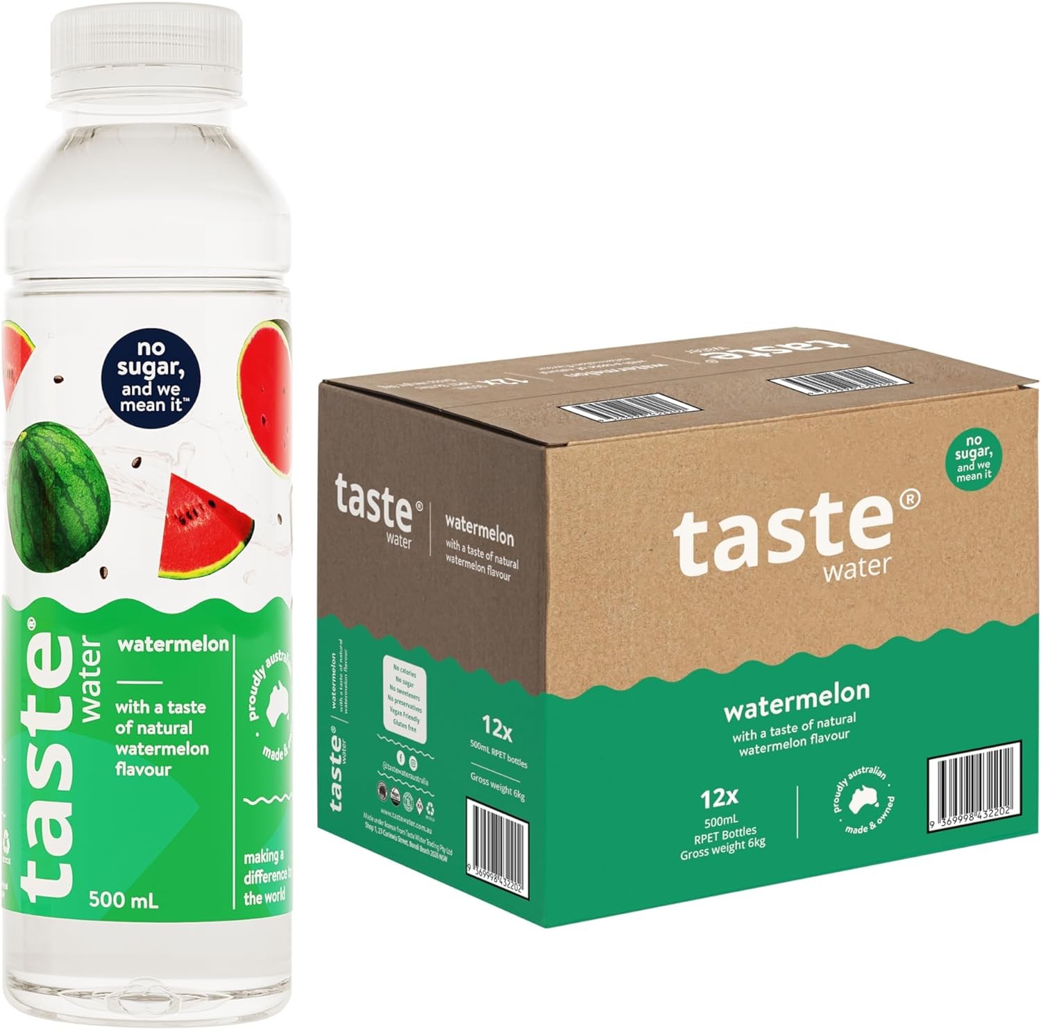 Taste Water Natural Watermelon Flavour, Fruit-Infused Water for a Healthy Lifestyle, Zero-Calorie Hydration, Zero Sugar, No Preservatives, No Sweeteners, 12 X 500Ml