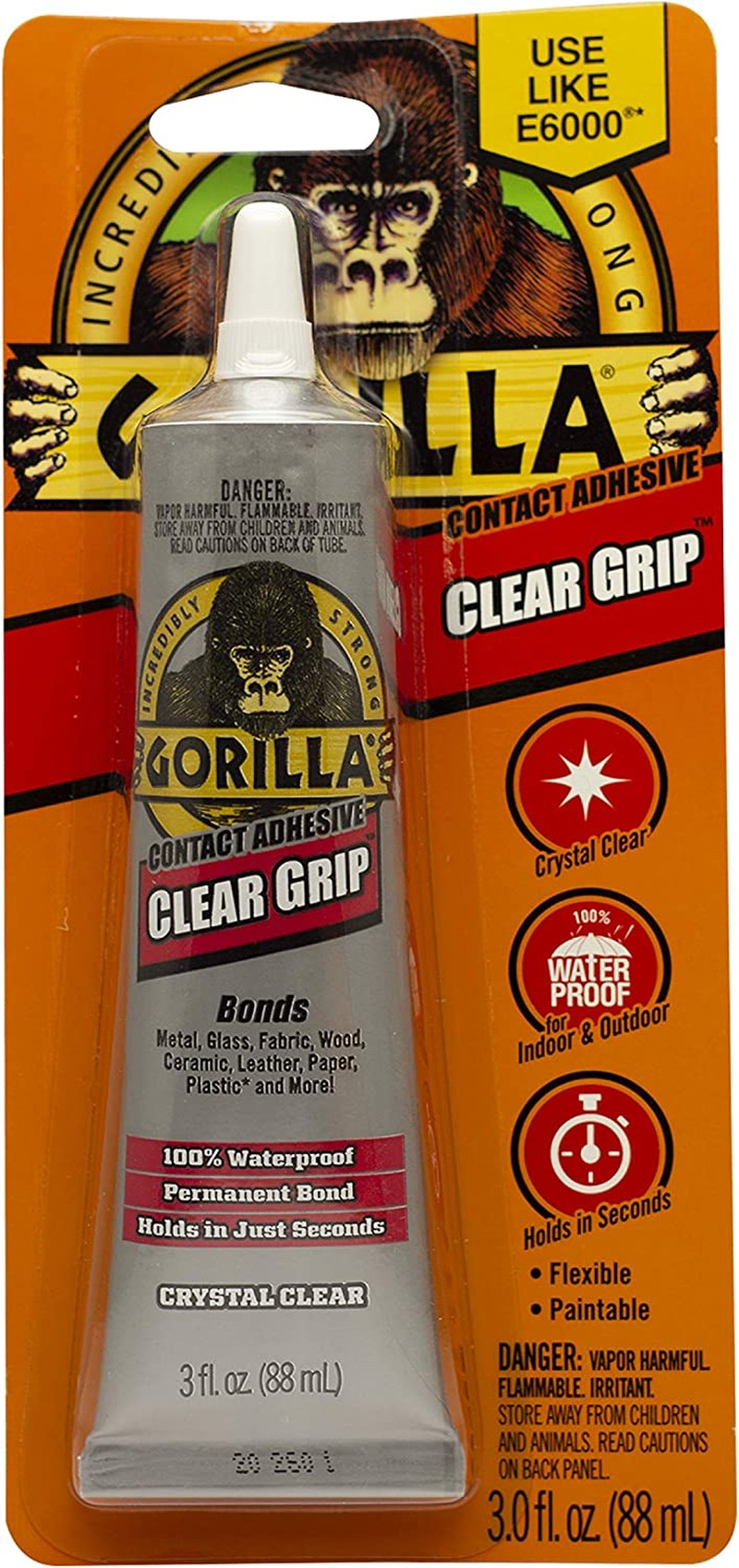 Gorilla Clear Grip – Fast Setting Contact Adhesive – Waterproof, Paintable Clear Glue for Indoor or Outdoor Application – Heavy Duty Shoe Repair Glue for Leather, Ceramics, Wood – 88Ml/3Oz (Pack of 1)