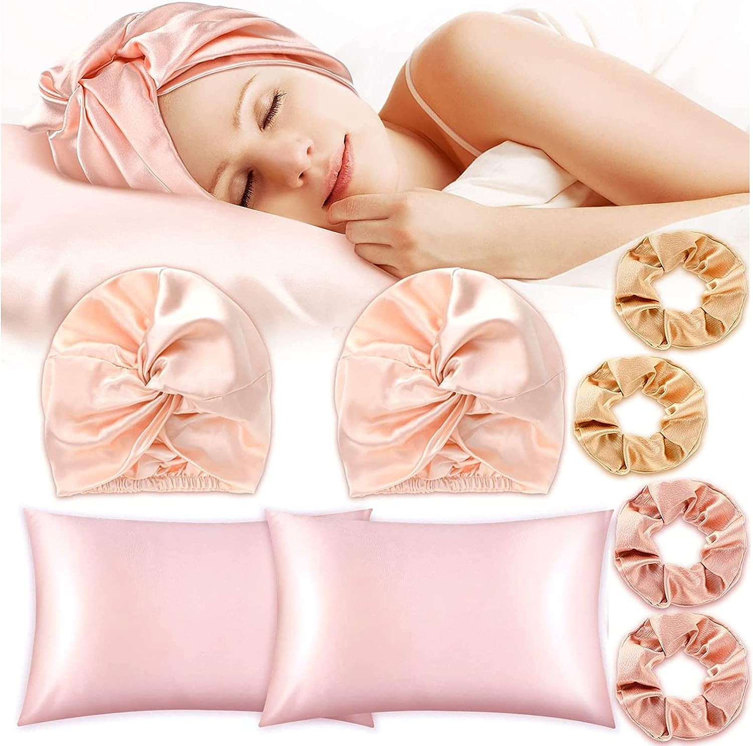 8Pieces Satin Bonnet Silk Cap Pillowcase Scrunchies Set, Natural Silk Night Bonnet Silk Hair Wrap with Elastic Stay on Head, Silk Pillow Cases Elastic Silk Ponytail Holders for Women Girls