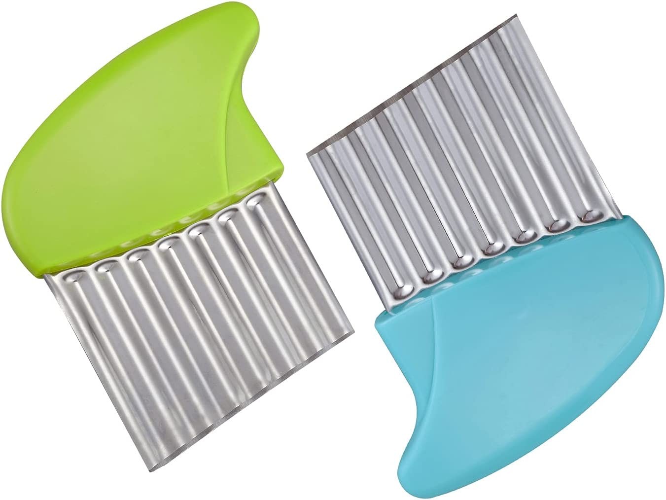 Crinkle Cutter, Stainless Steel Waffle Fry Cutter, Wavy Chopper for Veggies Potato Carrots Butter Lettuce, 2 Pcs(Green and Blue)