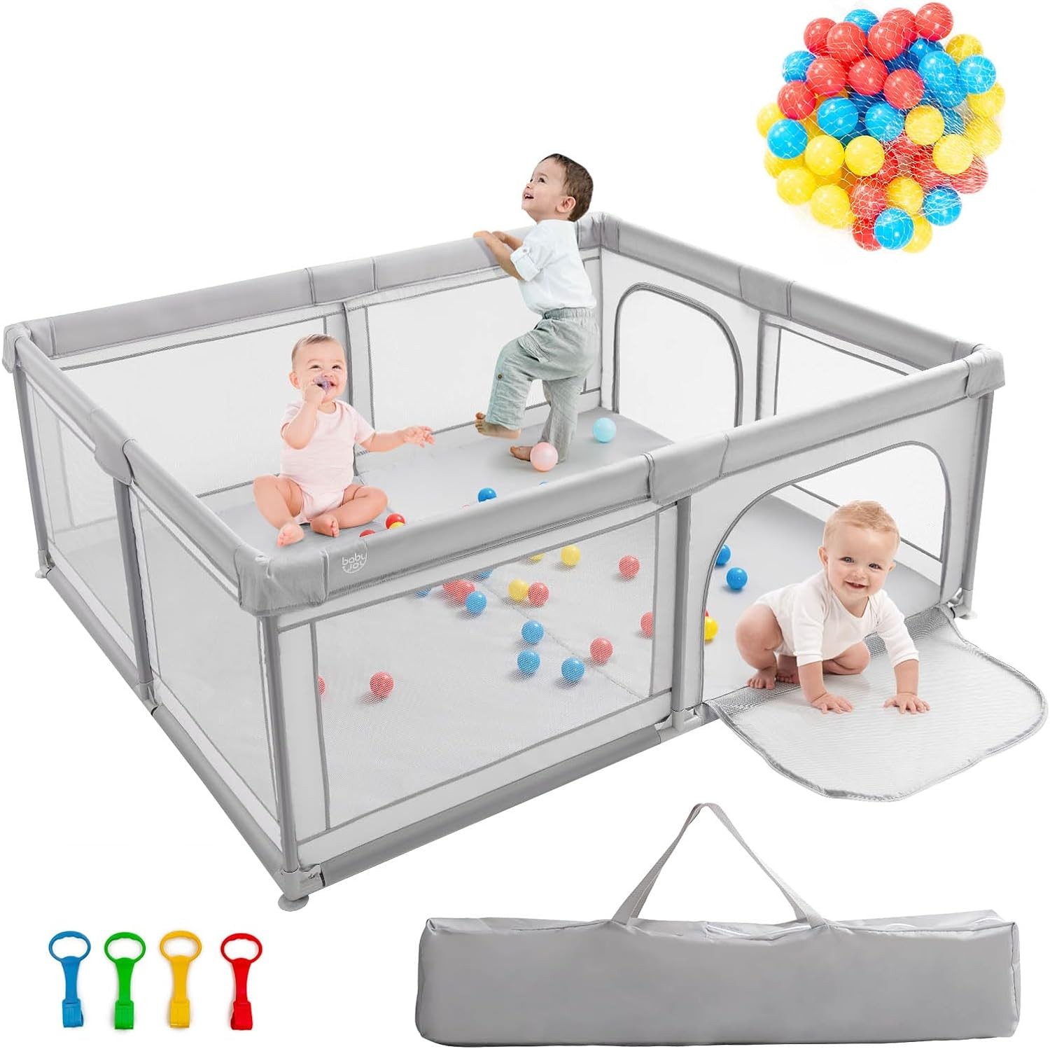 BABY JOY Baby Playpen, 186 X 156 X 68 Cm Large Play Yard with 4 Pull Rings, 50 Ocean Balls & Carrying Bag, Portable Baby Play Activity Center, Indoor Outdoor Playpen W/Breathable Mesh for Infants & Toddlers (Light Grey)