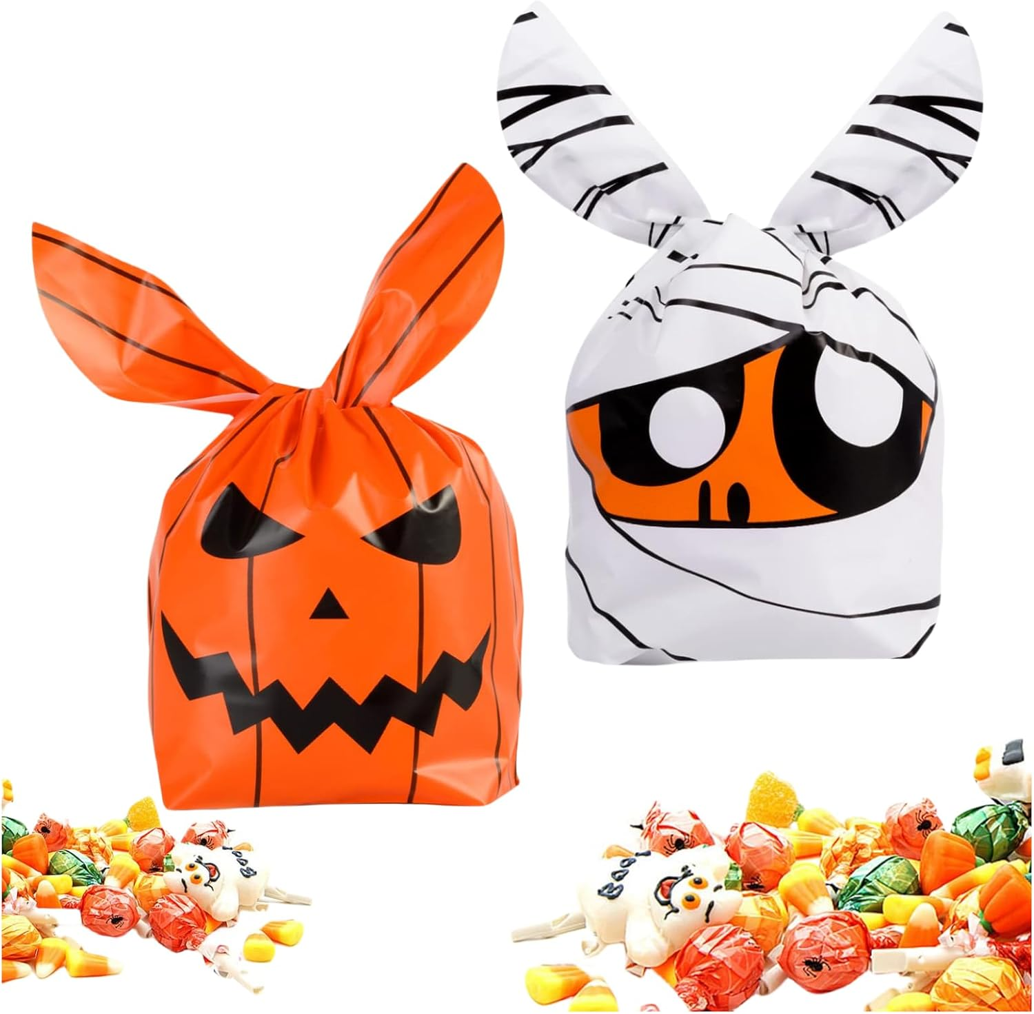 ZANZER 100PCS Halloween Treat Bags Candy Bags, Kids Trick or Treat Bags Goodie Bags, Cute Rabbit Ear Small Halloween Cookies Plastic Gift Bags for Halloween Party Decoration Supplies