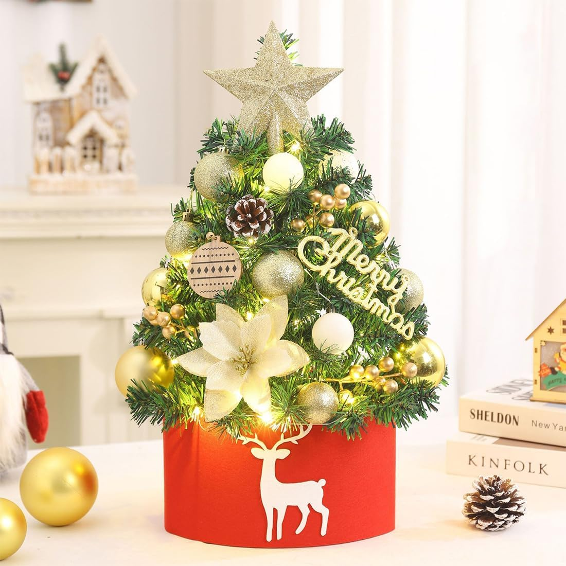 Mini Christmas Tree Santa Tree Seasonal Holiday Decoration Tree for Home, Office, Party（50 Cm） (Golden)