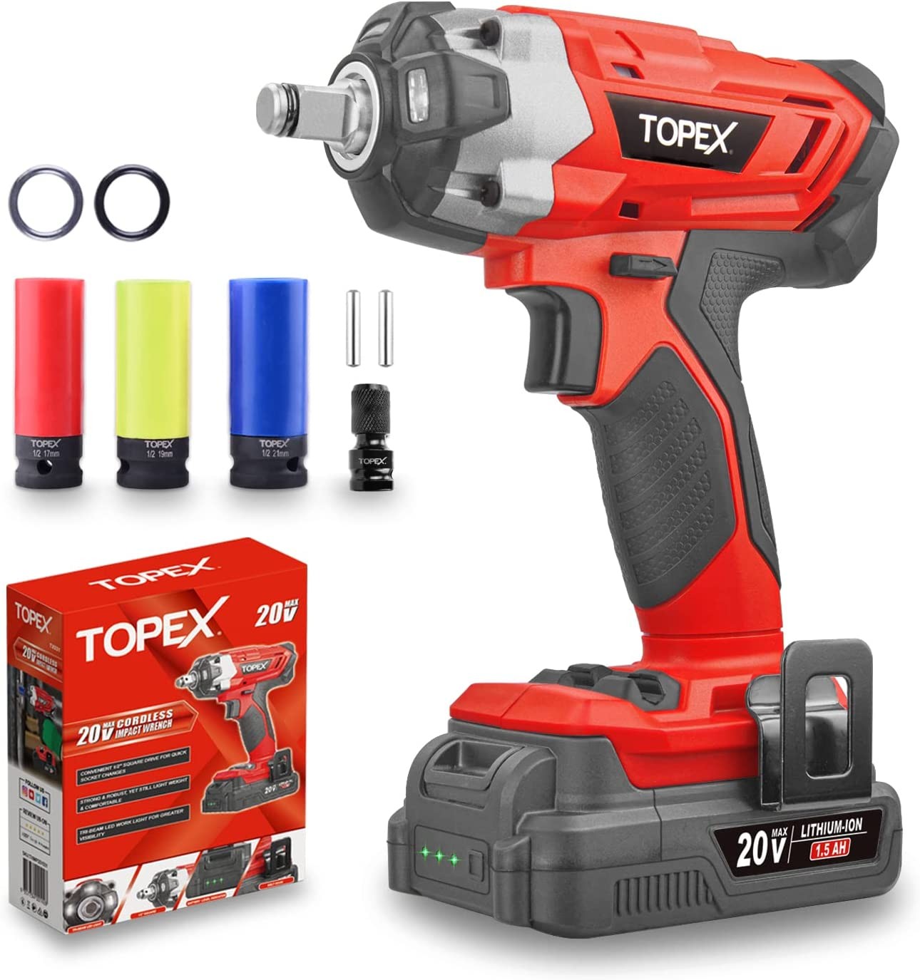 TOPEX 2IN1 20V Cordless Impact Wrench Driver 1/2” 1500Mah Li Battery W/Sockets (One Battery)