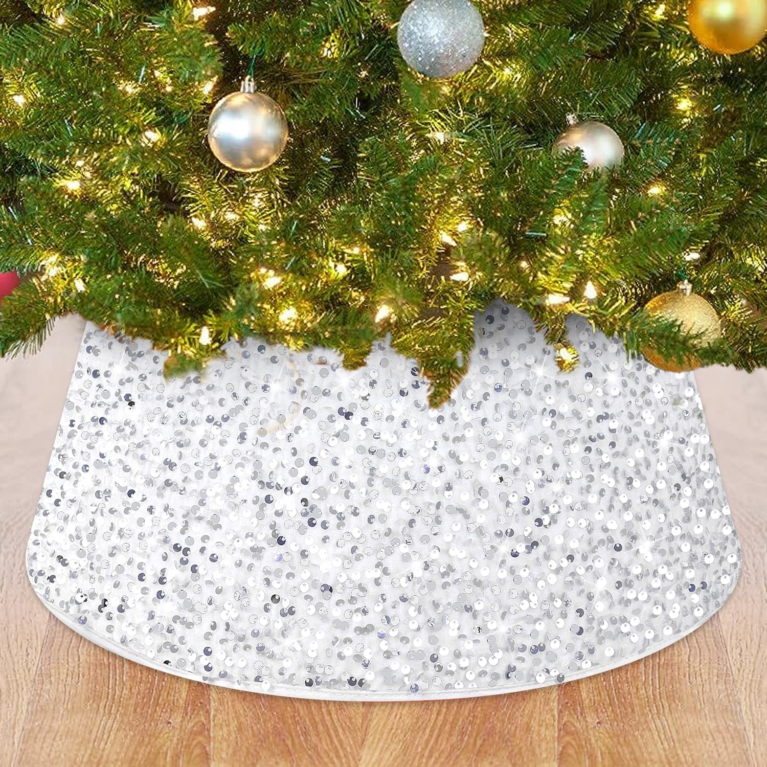 ROMANKAS Sequin Christmas Tree Collar White Glitter Xmas Tree Ring 23.6 Inch Diameter round Sparkle Christmas Tree Base Velvet Tree Skirts Christmas Tree Trunk Cover for Holiday Christmas Home Decor