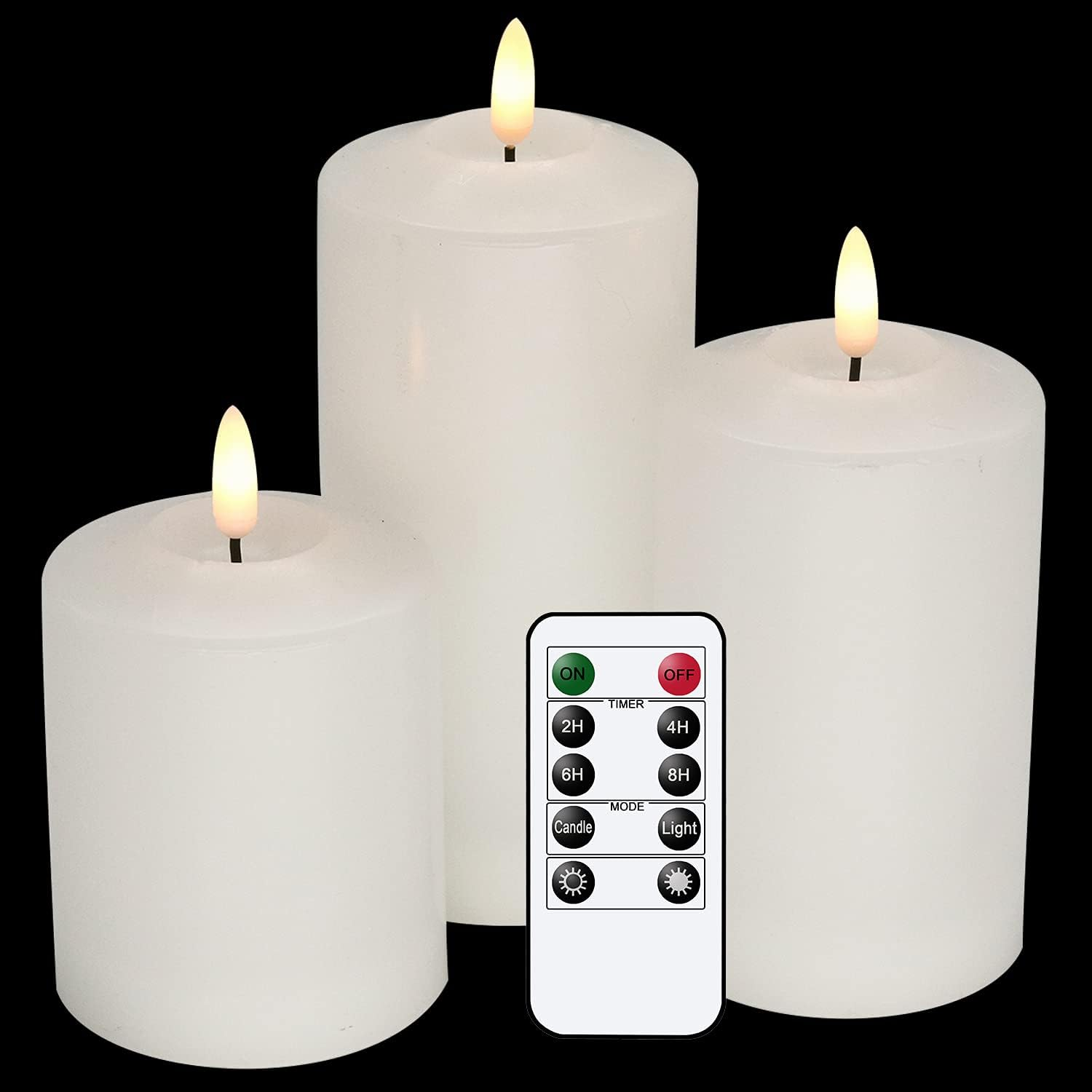 Genswin 3D Wick Flameless Flickering Candles Battery Operated with Remote Timer, Real Wax Pillar LED Votive Candles Warm Light, Set of 3 Party/Wedding/Home Decor(White, D3” X H4.6” 5.8” 6.8”)