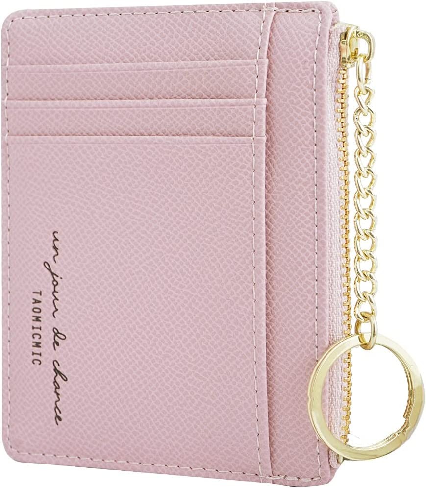 Women Slim Leather Card Case Holder Small Wallet Cute Coin Purse Girl Mini Wallet with Keychain, Pink, Small, Minimalist