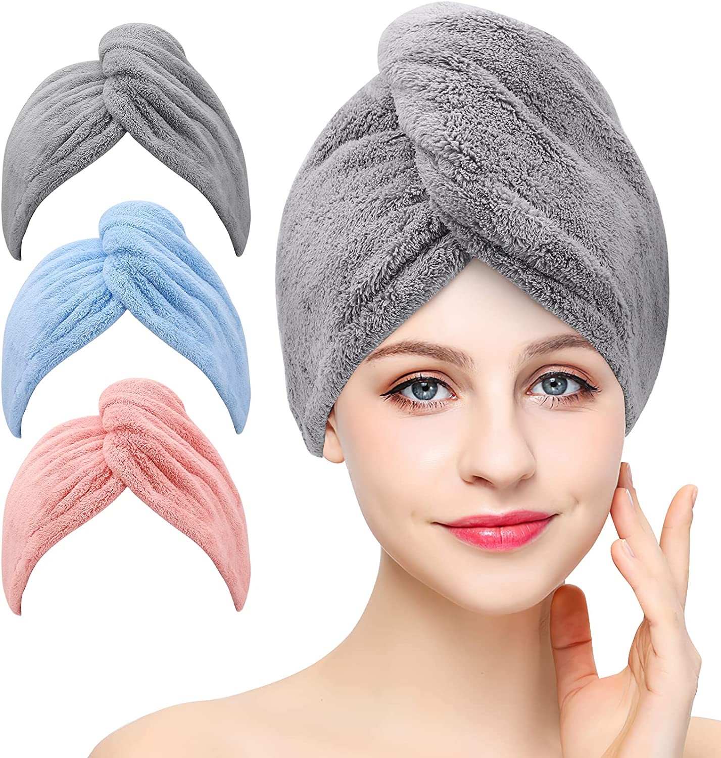 3 Pack Microfiber Hair Towel Wrap Beoffer Super Absorbent Twist Turban for Women Fast Drying Hair Caps with Buttons for Drying Curly, Long & Thick Hair anti Frizz (Gray+Pink+Blue)