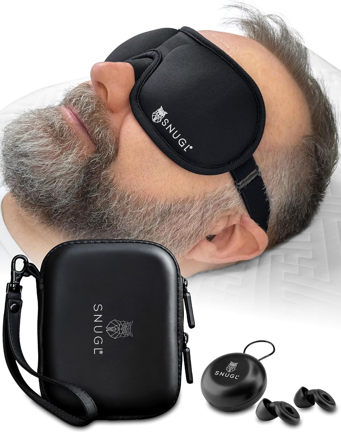 SNUGL Complete Travel Comfort Set – 100% Light-Blocking Eye Mask & Noise-Cancelling Earplugs – Includes Multi-Compartment Storage Case | 3 Ear Tip Sizes – Sleek Black