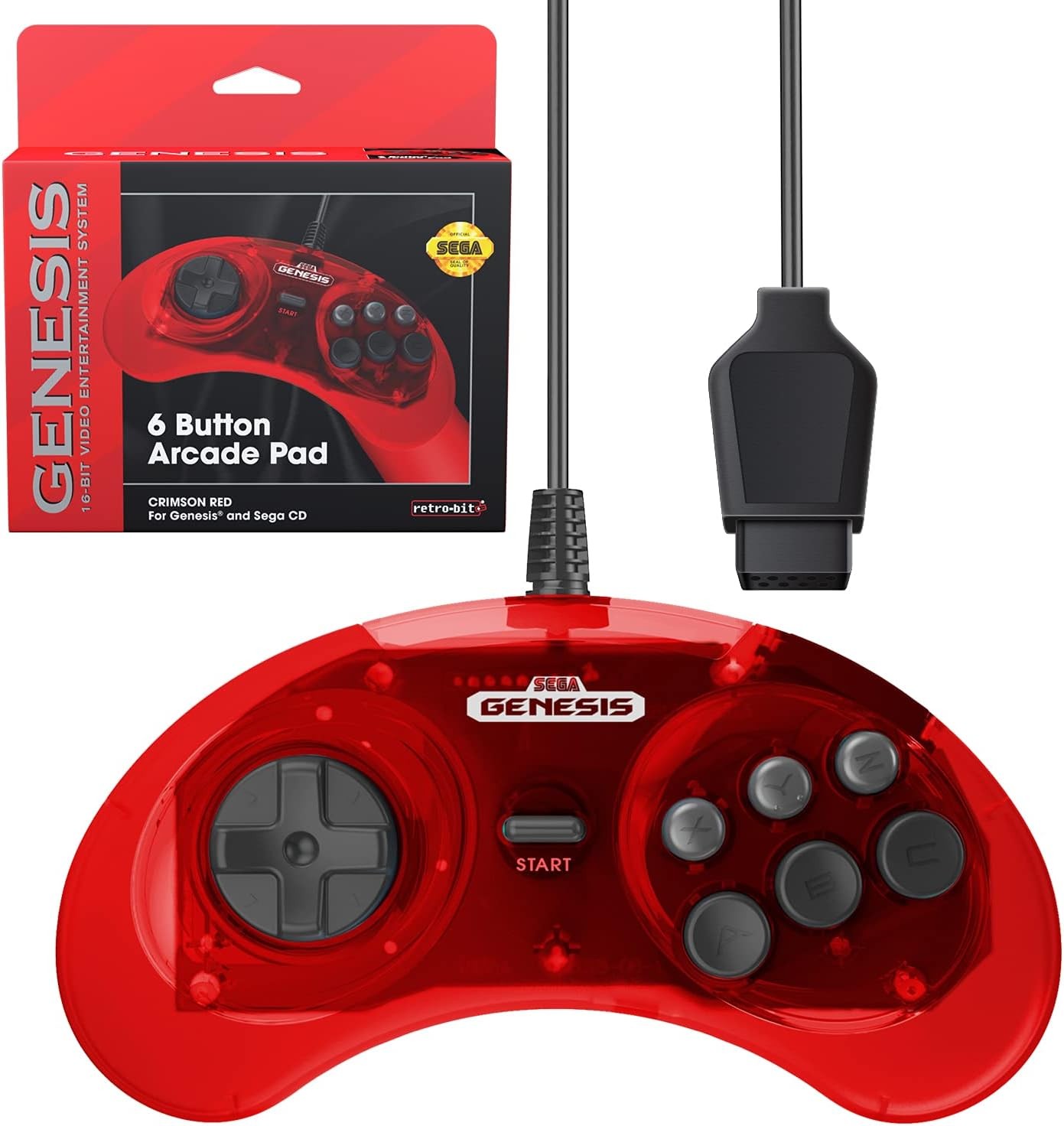 Retro-Bit Official Sega Genesis Controller 6-Button Arcade Pad for Sega Genesis – Original Port (Red)