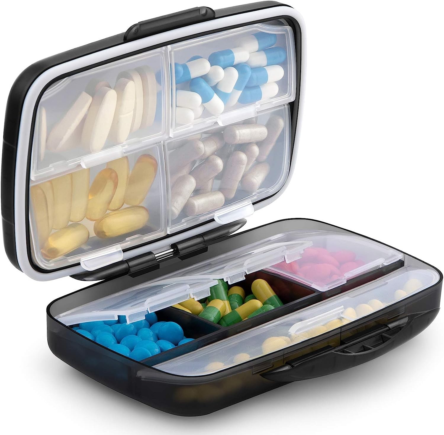 Travel Pill Organizer Large Portable Medication Organizer, Fullicon Oversize 8 Compartment Pill Box, Vitamin Travel Case Pill Holder – Airtight & Moistureproof (Black)