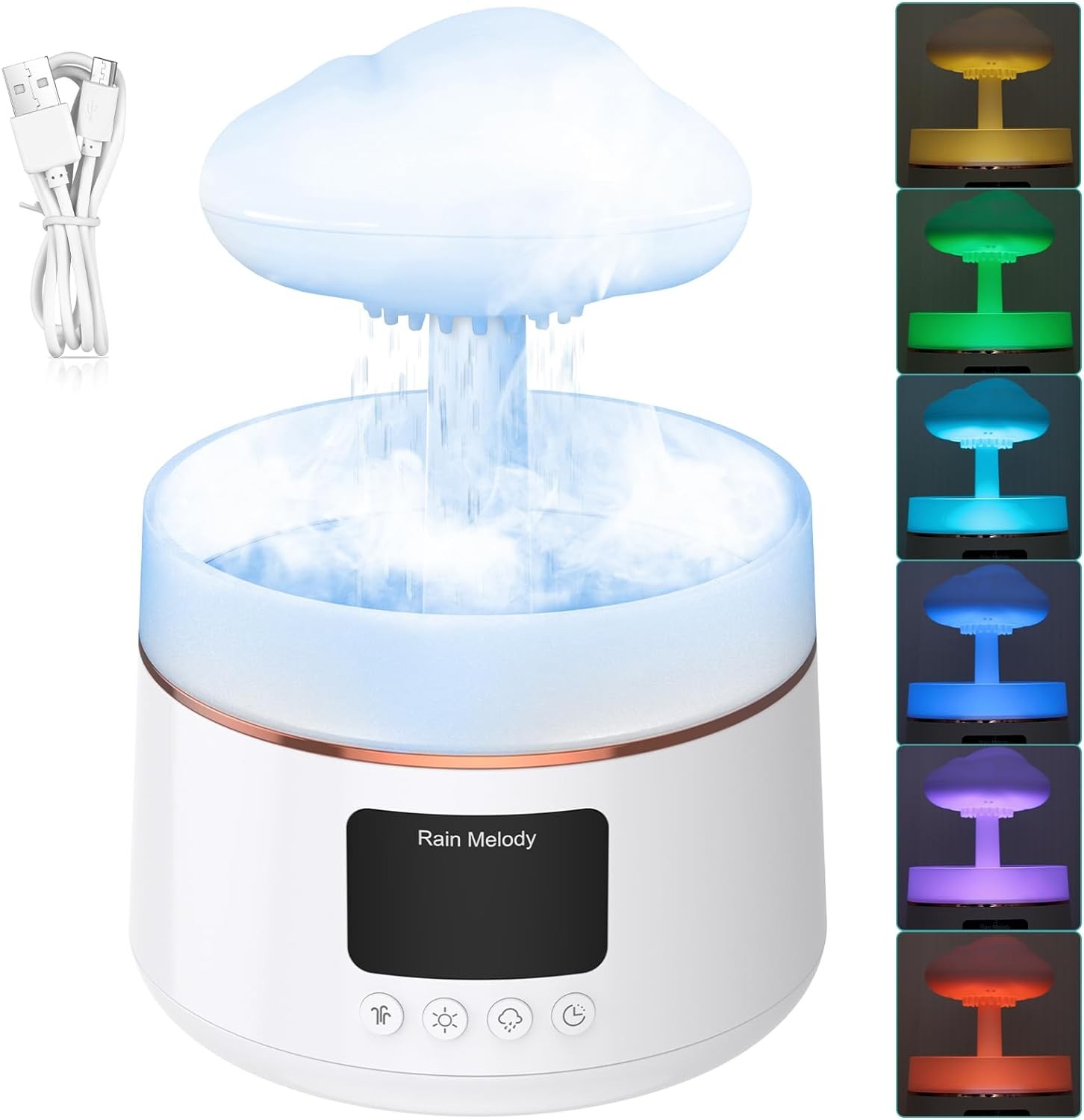 Mushroom Rain Humidifier with Timer, 300Ml Cloud Water Drip Humidifier, Essential Oil Diffuser, 7 Colors Lights, Bedside Decor – Refreshing Mist for Home, Office, and Yoga (White C)